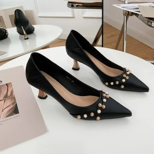 Mode Noire Rendez Vous Cuir Perle Escarpins 2021 5 Cm Talons Aiguilles Talons Hauts À Bout Pointu Escarpins