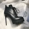 Fashion Winter Black Street Wear Lace-up Ankle Womens Boots 2021 13 cm Stiletto Heels Waterproof High Heels Leather Pointed Toe Boots