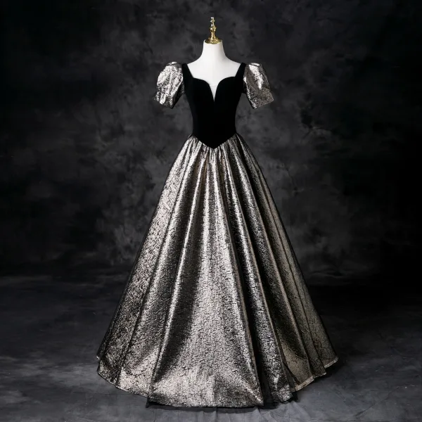 Classy Black Glitter Prom Dresses 2025 Ball Gown Square Neckline Puffy Short Sleeve Backless Floor-Length / Long Prom Formal Dresses