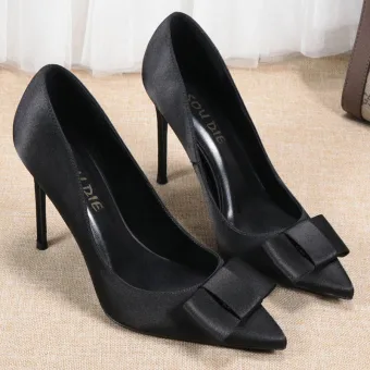 Chic Belle Noire Bureau Ol Satin Escarpins 2021 Noeud 10 Cm Talons Aiguilles À Bout Pointu Talons Hauts