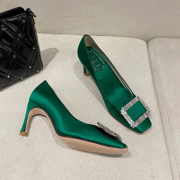 Vintage Originale Vert Soie Satin Promo Faux Diamant Escarpins 2021 7 Cm Talons Aiguilles Pied Carré Talons Hauts