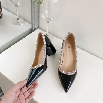 Charming Black Evening Party Rivet Pumps 2021 Leather Patent Leather 6 Cm Stiletto Heels Pointed Toe High Heels
