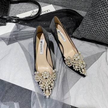 Elegant Black Evening Party Pearl Rhinestone Pumps 2021 Satin High Heels 7 Cm Stiletto Heels Pointed Toe Pumps
