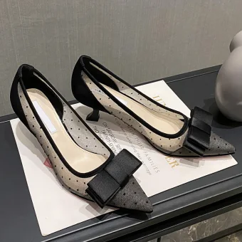 Charmant Noire Rendez Vous Tachetée Transparentes Noeud Escarpins 2021 4 Cm Talons Aiguilles Talon Bas Talons Hauts À Bout Pointu Escarpins