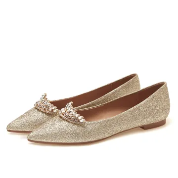 Sparkly Gull Rhinestone Paljetter Flate Brudesko 2021 Spisse Bryllup Hæler
