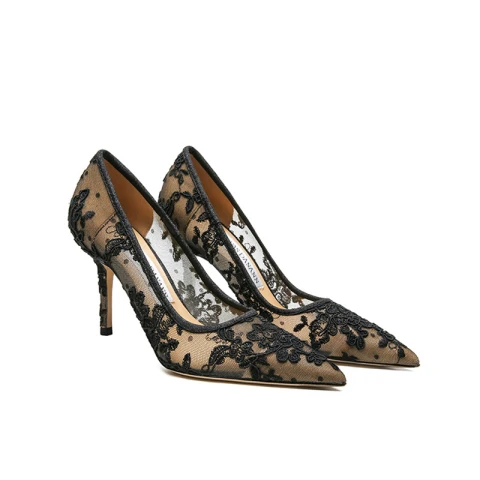 Sexy Schwarz Abend Durchsichtige Spitze Blumen Pumps 2021 8 cm Stilettos Hochhackige Spitzschuh Pumps
