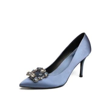 Eleganta Himmelsblå Fest Rhinestone Pumps 2021 Läder 8 Cm Stilettklackar Spetsiga Högklackade