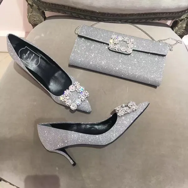 Scintillantes Charmant Argenté Faux Diamant Paillettes Chaussure De Mariée 2021 Cuir 6 cm Talons Aiguilles À Bout Pointu Mariage Talons Hauts