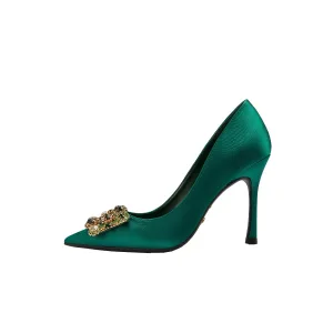 Élégant Vert Foncé Promo Satin Faux Diamant Escarpins 2021 10 Cm Talons Aiguilles À Bout Pointu Talons Hauts
