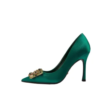 Elegant Dark Green Prom Satin Rhinestone Pumps 2021 10 Cm Stiletto Heels Pointed Toe High Heels