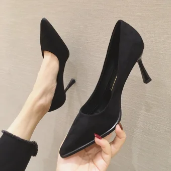 Simple Noire Bureau Ol Daim Escarpins 2021 7 Cm Talons Aiguilles À Bout Pointu Talons Hauts