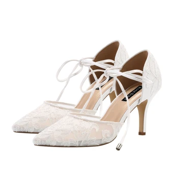 Elegant Ivory See Through Lace Flower Wedding Shoes 2021 Satin 8 Cm Stiletto Heels Pointed Toe Wedding High Heels