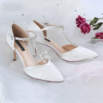 Charming Ivory Satin Wedding Shoes 2021 Rhinestone T Strap 8 Cm Stiletto Heels Pointed Toe Wedding High Heels
