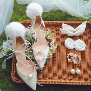 Elegant Charming Satin Ivory Pearl Flower Heels Womens Shoes 2021 Bow 8 Cm Stiletto Heels Pointed Toe Wedding High Heels
