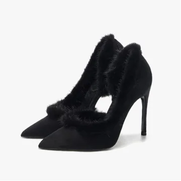 Mooie Prachtige Zwarte Straatkleding Pluche Suede Damesschoenen 2021 10 Cm Naaldhakken Stiletto Spitse Neus Open Zijkanten Hoge Hakken