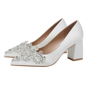 Élégant Blanche Faux Diamant Satin Chaussure De Mariée 2021 7 Cm Talons Épais Talons Hauts À Bout Pointu Mariage Escarpins