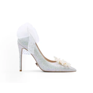 Charming Sparkly Silver Rhinestone Pearl Wedding Shoes 2021 Bow Leather 10 Cm Stiletto Heels Pointed Toe Wedding High Heels Pumps