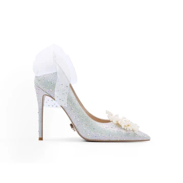 Charmig Glittrande Silver Rhinestone Pärla Brudskor 2021 Rosett Läder 10 Cm Stilettklackar Spetsiga Bröllop Högklackade Pumps
