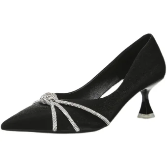 Sexy Noire Cocktail Faux Diamant Escarpins 2021 Satin 6 Cm Talons Aiguilles Talons Hauts À Bout Pointu Escarpins