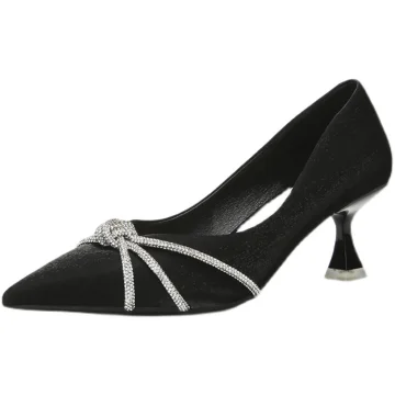 Sexy Noire Cocktail Faux Diamant Escarpins 2021 Satin 6 Cm Talons Aiguilles Talons Hauts À Bout Pointu Escarpins