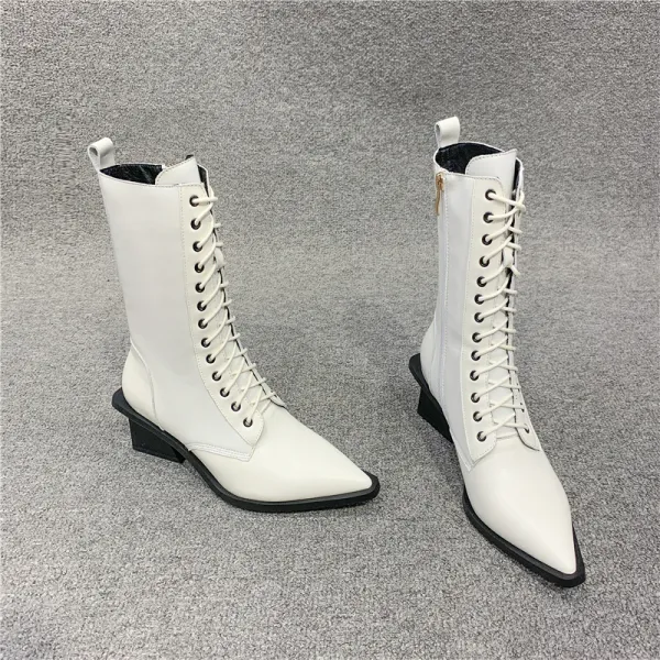 Chic / Beautiful Winter White Street Wear Leather Womens Boots 2021 Mid Calf 5 cm Thick Heels Pointed Toe Boots
