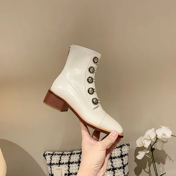 Moda Klasyczna Zima Beżowe Zużycie ulicy Buty Damskie 2021 Skórzany 4 cm Niski Obcas Kwadratowe Boots