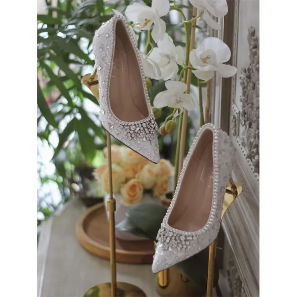 Charming White Lace Rhinestone Wedding Shoes 2021 Leather 7 cm Stiletto Heels High Heels Pointed Toe Wedding Pumps