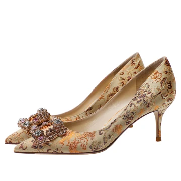 Stilig Champagne Silke Bal Pumps 2021 Läder Rhinestone Högklackade 6 Cm Stilettklackar Spetsiga Pumps