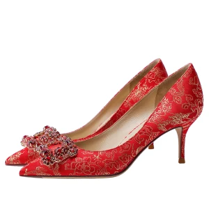 Classy Red Silk Rhinestone Wedding Shoes 2021 Leather 6 Cm Stiletto Heels High Heels Pointed Toe Wedding Pumps