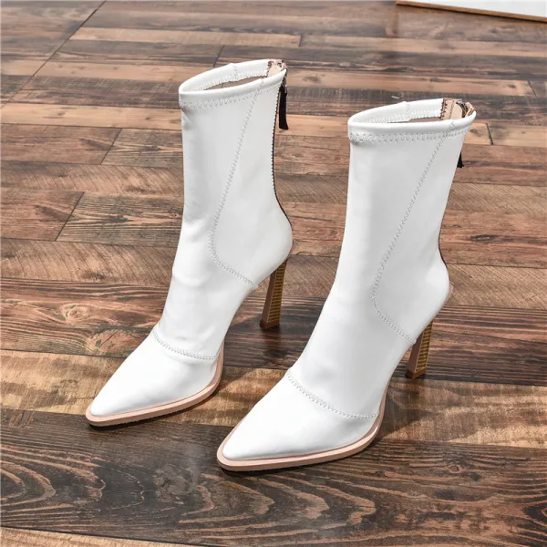 Moda Blanco Ropa de calle Tobillo Botas de mujer 2021 Cuero Charol 7 cm Stilettos / Tacones De Aguja High Heels Punta Estrecha Botas