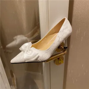 Elegante Marfil Con Encaje Bowknot Zapatos De Novia 2021 7 Cm Stilettos Tacones De Aguja High Heels Punta Estrecha Boda Tacones