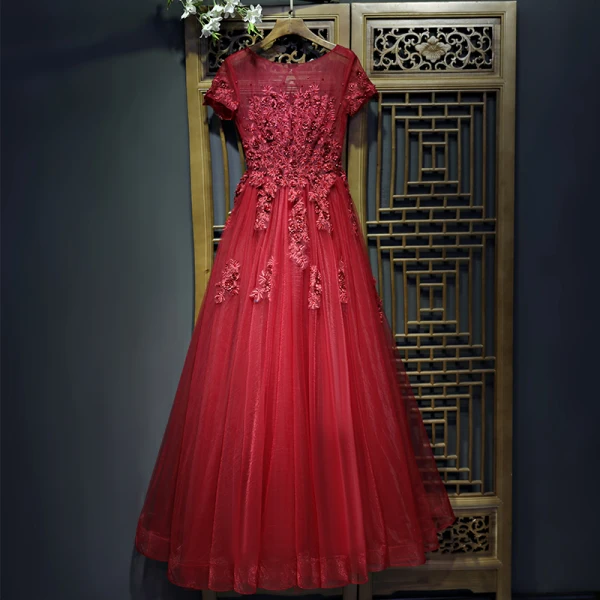 Chic / Belle Rouge Robe De Ceremonie Robe De Soirée 2017 Dentelle Fleur Perle Encolure Dégagée Manches Courtes Courte Princesse