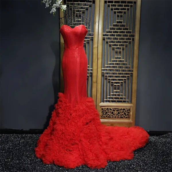 Amazing / Unique Formal Dresses 2017 Sequins Sweetheart Sleeveless Court Train Trumpet / Mermaid Prom Dresses