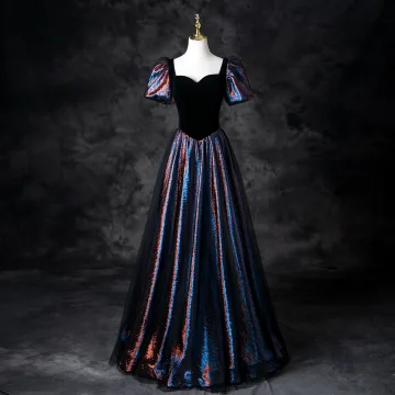 Vintage Originale Noire Ciel Étoilé Multi Couleurs Robe De Bal 2025 Princesse Encolure Carrée Manches Courtes Dos Nu Longue Promo Robe De Ceremonie