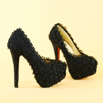 Sexy Noire Club De Carnaval En Dentelle Fleur Perle Escarpins 2021 14 Cm Talons Aiguilles À Bout Pointu Talons Hauts Escarpins