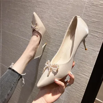 Elegante Abrikoos Beige Avond Strik Parel Pumps 2021 7 Cm Naaldhakken Stiletto Hoge Hakken Spitse Neus Pumps