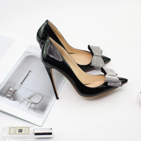 Charming Black Evening Party Rhinestone Bow Pumps 2021 12 cm Stiletto Heels High Heels Pointed Toe Pumps