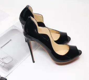 Sexy Noire Cocktail Cuir Verni Chaussures Femmes 2021 12 Cm Talons Aiguilles Peep Toes Bout Ouvert Talons Hauts