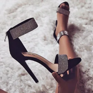 Sexy Noire Soirée Faux Diamant Sandales Femme 2021 Bride Cheville 11 Cm Talons Aiguilles Peep Toes Bout Ouvert Talons Hauts