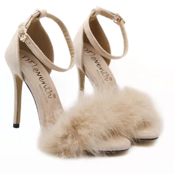 Sexy Beige Evening Party Plush Womens Sandals 2021 Ankle Strap 11 Cm Stiletto Heels Open Peep Toe High Heels Sandals