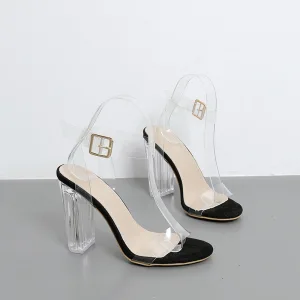 Sexy Noire Cocktail Transparente Sandales Femme 2021 11 Cm Cristal Talons Épais Bride Cheville Peep Toes Bout Ouvert Talons Hauts Sandales