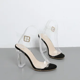 Sexy Noire Cocktail Transparente Sandales Femme 2021 11 Cm Cristal Talons Épais Bride Cheville Peep Toes Bout Ouvert Talons Hauts Sandales