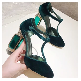 Charming Dark Green Prom Rhinestone Suede Womens Sandals 2021 Leather 10 Cm Synthetic Gemstones Thick Heels T Strap Round Toe High Heels