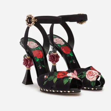 Vintage Originale Haut De Gamme Noire Concours De Beauté Sandales Femme 2021 Cuir Brodé Bride Cheville 10 Cm Talons Aiguilles Peep Toes Bout Ouvert Talons Hauts