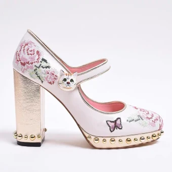 Charmant Blanche Brodé Promo Escarpins 2021 Cuir 10 Cm Talons Épais Talons Hauts À Bout Rond Escarpins