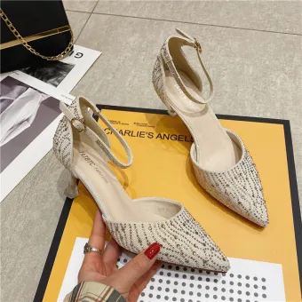Sexy Beige Soirée Faux Diamant Sandales Femme 2021 Bride Cheville 6 Cm Talons Aiguilles À Bout Pointu Talons Hauts