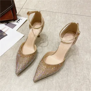 Charmig Guld Afton Rhinestone Sandaler Dam 2021 Ankelband 7 Cm Stilettklackar Spetsiga Högklackade