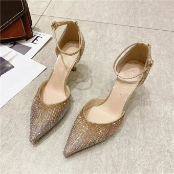 Charmant Doré Soirée Faux Diamant Sandales Femme 2021 Bride Cheville 7 Cm Talons Aiguilles À Bout Pointu Talons Hauts