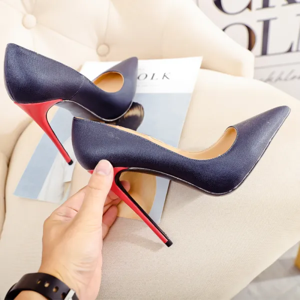 Fashion Navy Blue Cocktail Party Pumps 2021 Leather 12 cm Stiletto Heels High Heels Pointed Toe Pumps