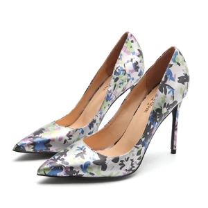 Ethnique Blanche Impression Floral Jardin Extérieur Escarpins 2021 Cuir 10 Cm Talons Aiguilles Talons Hauts À Bout Pointu Escarpins